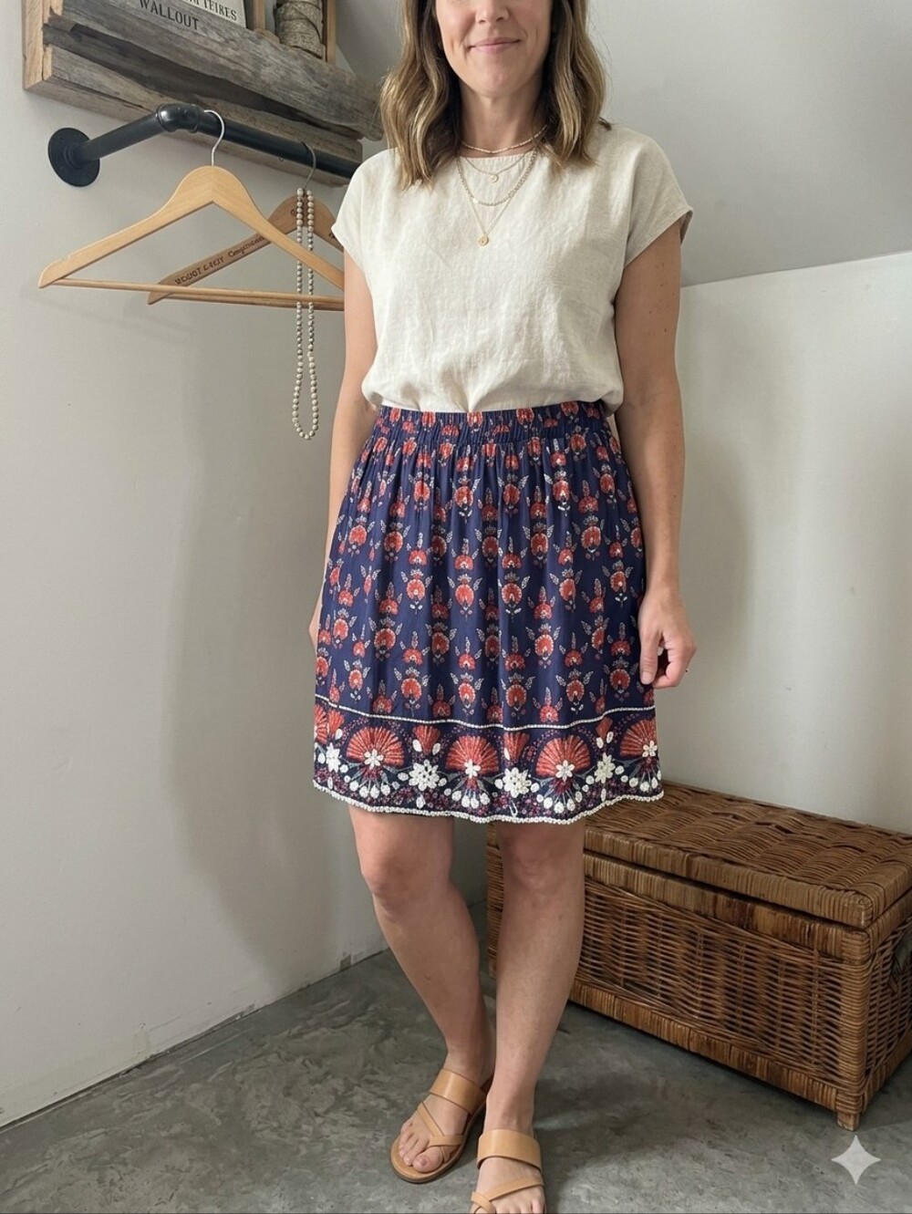 Anthropologie Navy Skirt with Red & White Floral Print